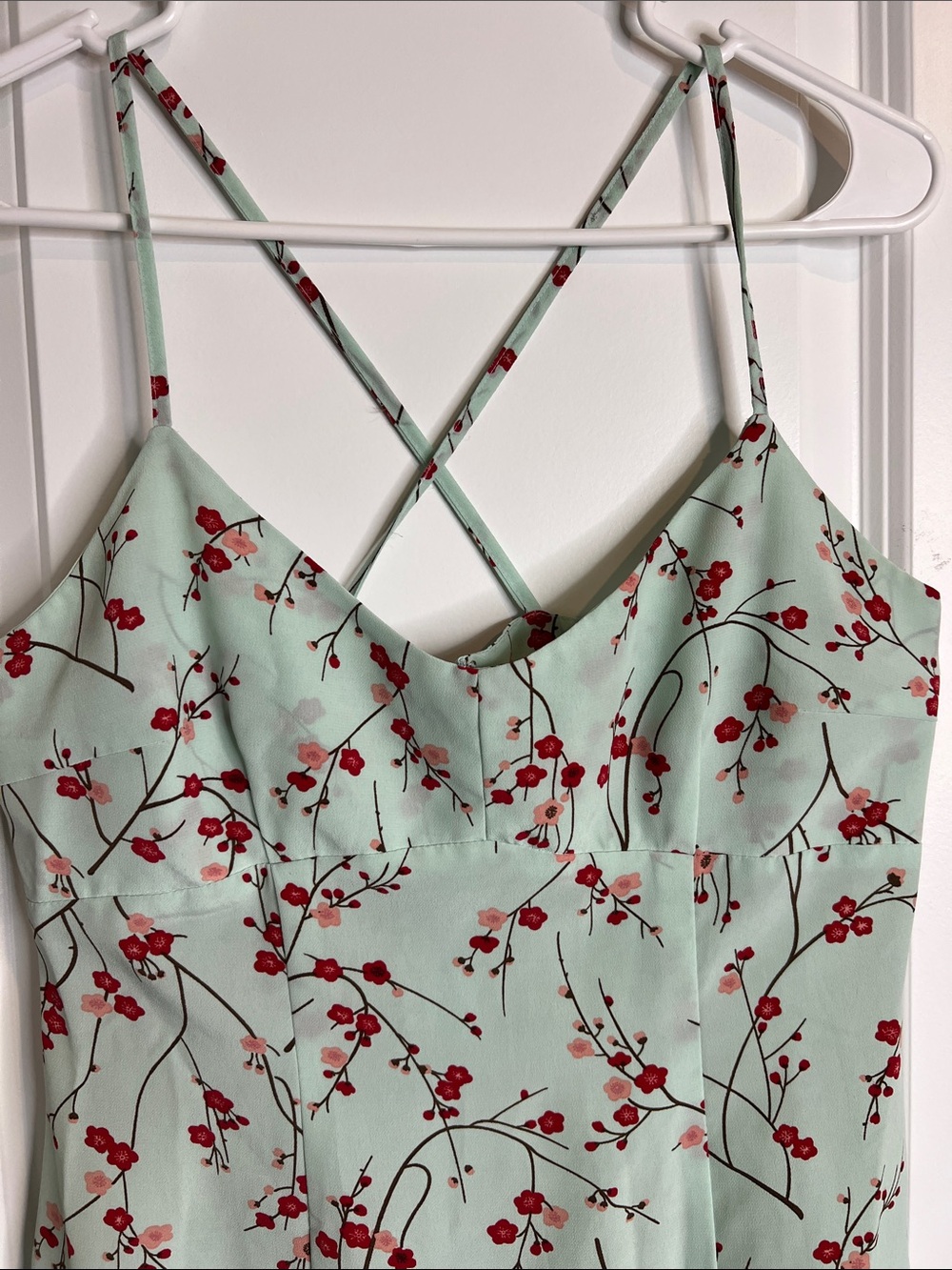 Vintage Express Mint Green Slip Dress with Red Floral Print - Picture 2 of 5